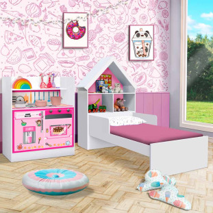 Cama Infantil Branca Com Cozinha Infantil MDF Rosa Pink Magia Gabrielli Móveis
