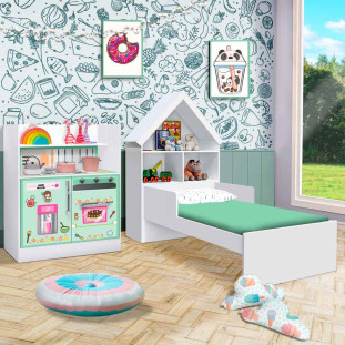 Cama Infantil Branca Com Cozinha Infantil MDF Verde Magia Gabrielli Móveis