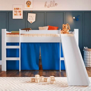 Cama Cabana Infantil Montessoriana Com Escorregador Branco E Cortina Azul Secreto Cirion Shop Jm