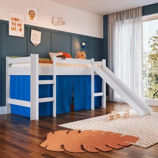 Cama Infantil Solteiro Com Escorregador Branco E Cortina Azul Secreto Kogu Completa Móveis