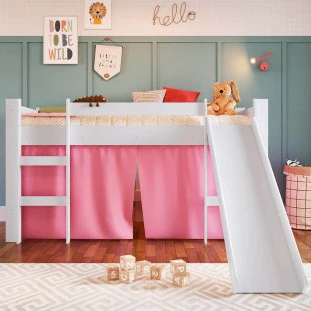 Cama Cabana Infantil Montessoriana Com Escorregador Branco E Cortina Rosa Cirion Shop Jm