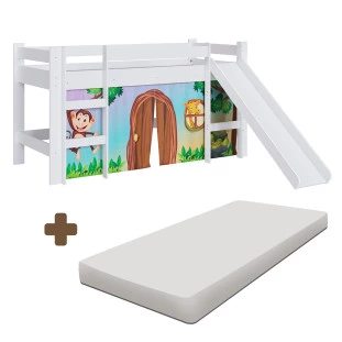 Cama Cabana Infantil Montessoriana Com Colchão Escorregador Branco E Cortina Estampada Zoo Cirion Shop Jm
