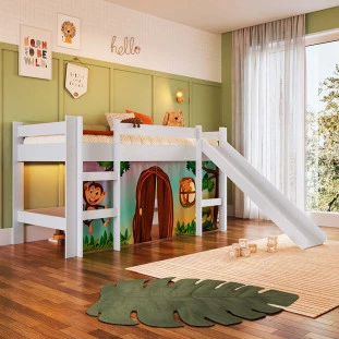 Cama Infantil Solteiro Com Escorregador Branco E Cortina Estampada Zoo Kogu Completa Móveis