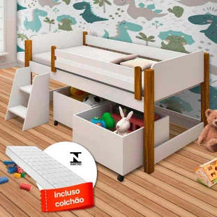 Cama Solteiro Infantil Com Colchão e 2 Baús + Escada Branco/Amendoa Naty Divaloto