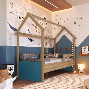 Cama Infantil Casinha Com Colchão Solteiro Aveiro Oak Azul Secreto Sonho Completa Móveis