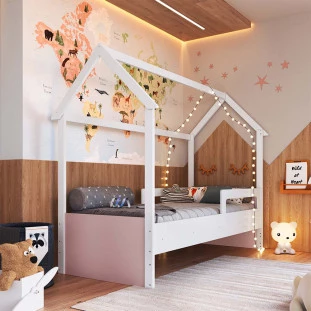 Cama Infantil Casinha Com Colchão Solteiro Branco Rosa Sonho Completa Móveis