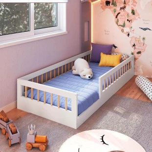Cama Montessoriana Infantil Solteiro Com Grade De Proteção 84 x 195 cm Branco Suki Shop Jm