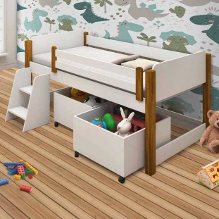 cama infantil com dois baús para guardar brinquedo e escadinha para ajudar a criança a subir na cama, acompanha grade de proteção nas laterais