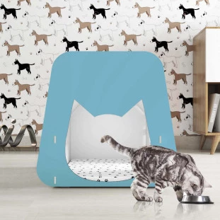 Casinha Esconderijo Para Gato Com Colchão 100% MDF Branca Azul Claro Malu Shop Jm