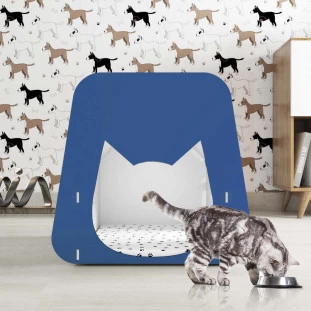 Casinha Esconderijo Para Gato Com Colchão 100% MDF Branca Azul Malu Shop Jm