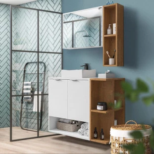 Gabinete Armário Para Banheiro 70 cm Com Espelheira E Cuba Branco Naturalle Isla Shop JM