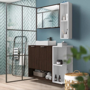 Gabinete Armário Para Banheiro 70 cm Com Espelheira E Cuba Nogal Branco Isla Shop JM