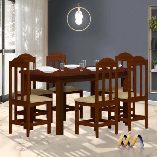 Mesa De Jantar Com 6 Cadeiras Estofadas Madeira Maciça Safira Castanho Shop JM
