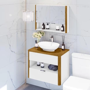 Gabinete Banheiro Com Cuba E Espelheira 70 cm Branco Naturalle Santorini Bechara