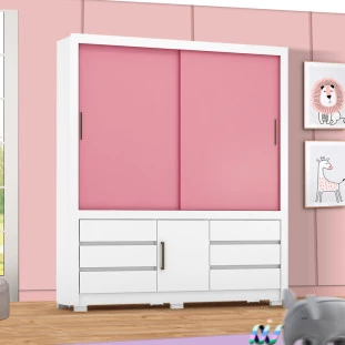 Guarda Roupa Infantil 3 Portas e 6 Gavetas 1.89m Branco Rosa Flex Evolution Shop Jm