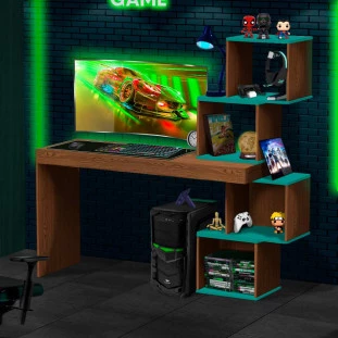 Mesa Para PC Gamer Freijó Verde Cubos Mania De Móveis