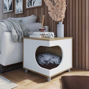 Mesa De Cabeceira Com Casinha Para Pet 45 cm Aveiro Oak Branco Romy Completa Móveis