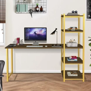 Mesa Escrivaninha Em Aço Com Torre Imbuia Dourado Sett Steel Mobile