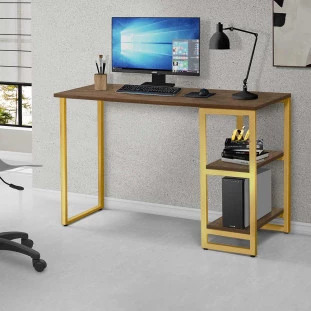 Escrivaninha Industrial 1,20 Com Prateleiras Imbuia Dourado Lux Steel Mobile
