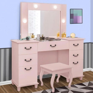 Penteadeira Camarim Rosa Com Cadeira Com Espelho e LED Seul Luapa