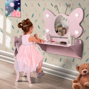 Penteadeira Camarim Infantil Com Espelho E Banqueta Rosa Borboleta Valen