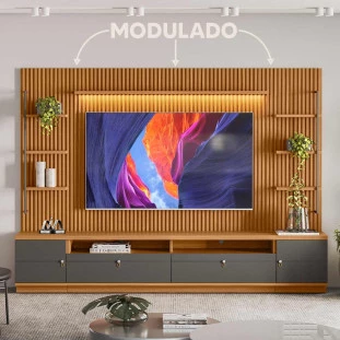 Estante Home Ripado Modulado Para TV Até 75 Polegadas Nature Chumbo Ouro Preto Linea Brasil