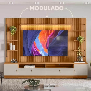 Estante Home Ripado Modulado Para TV Até 75 Polegadas Nature Off White Ouro Preto Linea Brasil